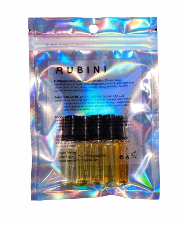 Rubini Discovery Set – 6 × 2 ml unisex perfume kit with Fundamental, Tambour Sacré, Nuvolari, Odenaturae, Hyperion, and Idìlios